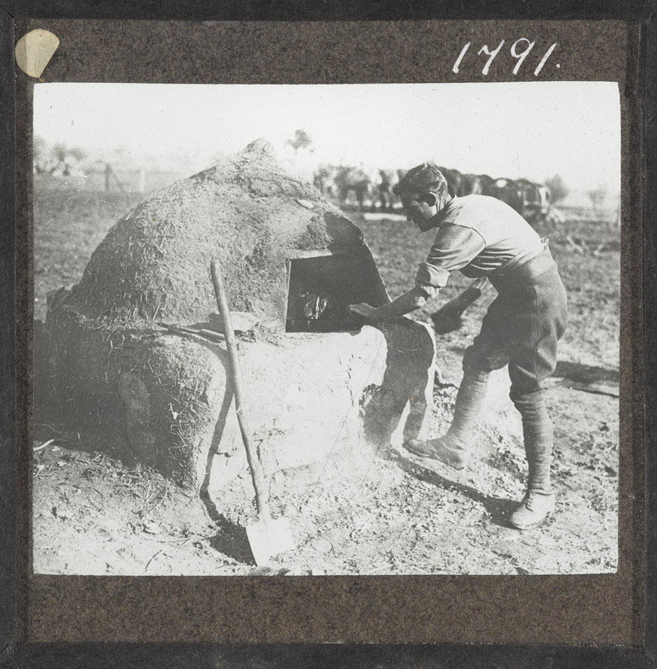 British soldier using a Macedonian oven, Salonika, November 1916