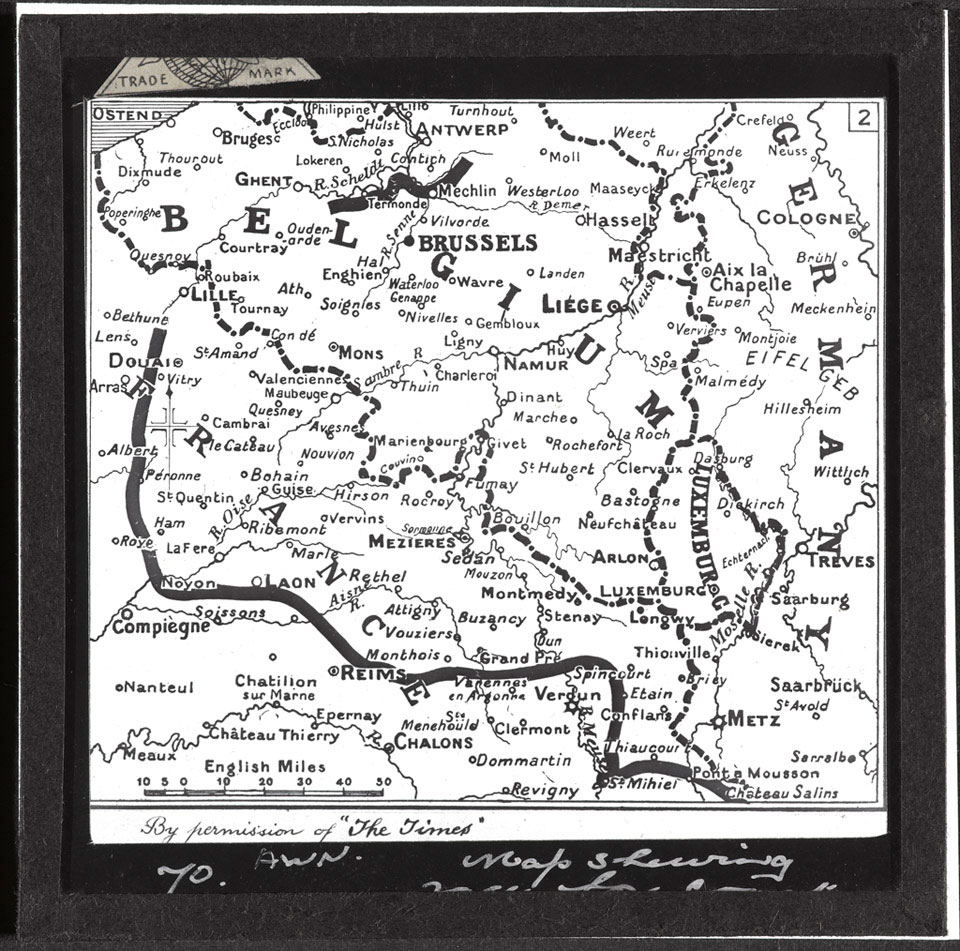 Map of the border between Belgium and France, 1914, lantern slide ...