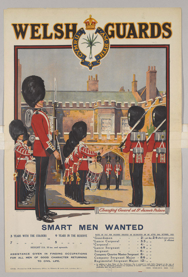 'Smart Men Wanted, rates of pay for soldiers enlisted or re-enlisted' Welsh Guards, on or after 26 Oct 1925'