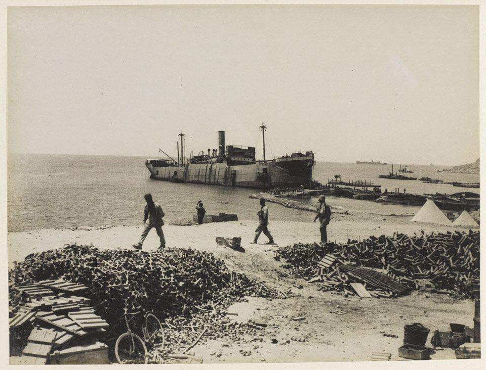 The converted steamer 'River Clyde', anchored at V-Beach, Gallipoli, Spring 1915