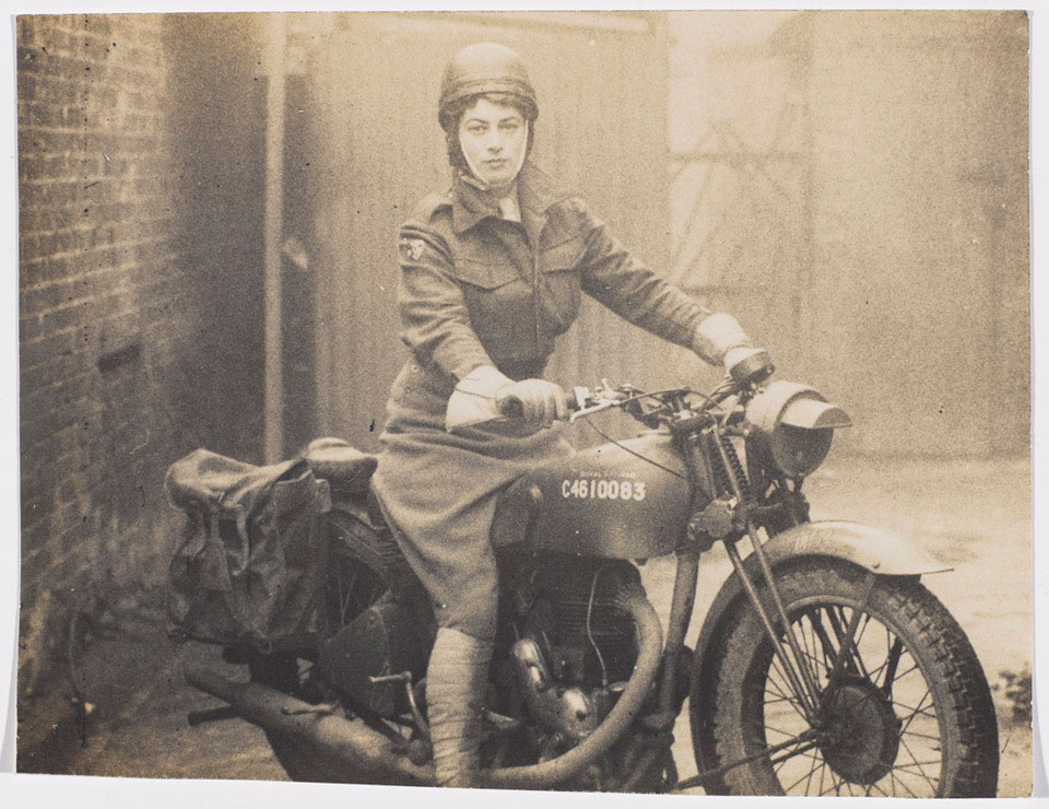 Valerie Erskine Howe, Auxiliary Territorial Service, on a motorbike, 1940s