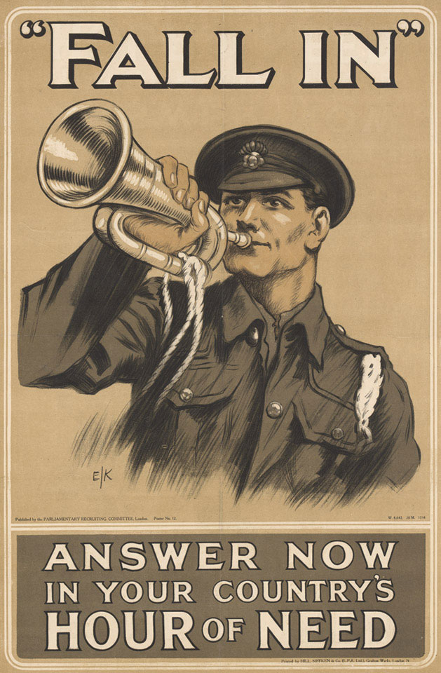 '"Fall In". Answer now in your country's hour of need', recruiting poster, 1914 (c)