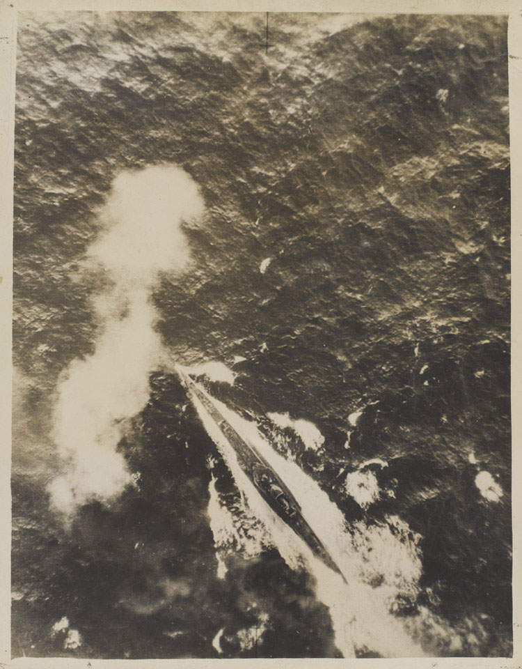 Italian submarine being attacked by aircraft of Coastal Command, in the Bay of Biscay, 1 September 1942