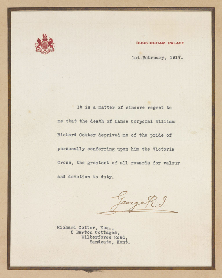 Letter of condolence signed by King George V to the relatives of A/Corporal William Cotter 1 February 1917
