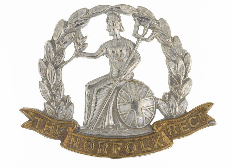 Cap badge, other ranks, Corporal H F Wood, The Norfolk Regiment, 1919 (c)