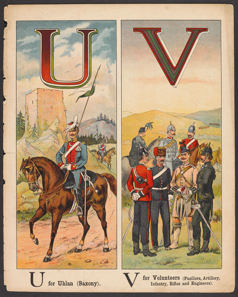 'U for Uhlan (Saxony). V for Volunteers (Fusiliers, Artillery, Infantry, Rifles and Engineers)', 1889