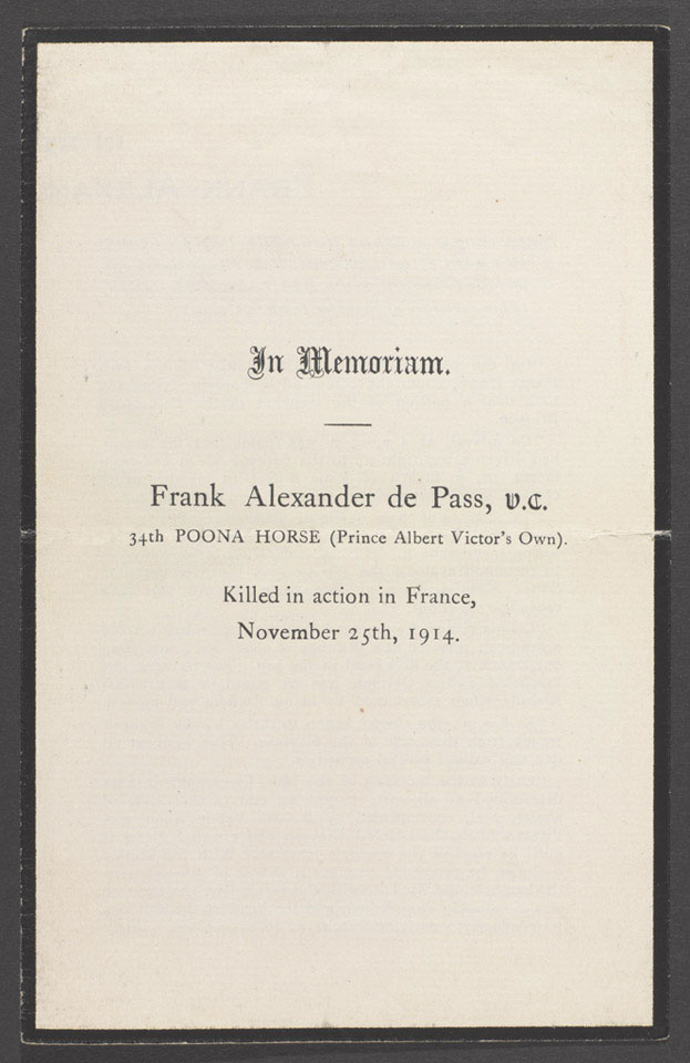 'In Memoriam' leaflet for Lieutenant Frank Alexander de Pass VC, 34th Prince Albert Victor's Own Poona Horse, 1914