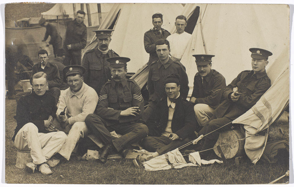 Regimental Sergeant Arthur Harrington with his colleagues at Lulworth camp, 4 August 1912