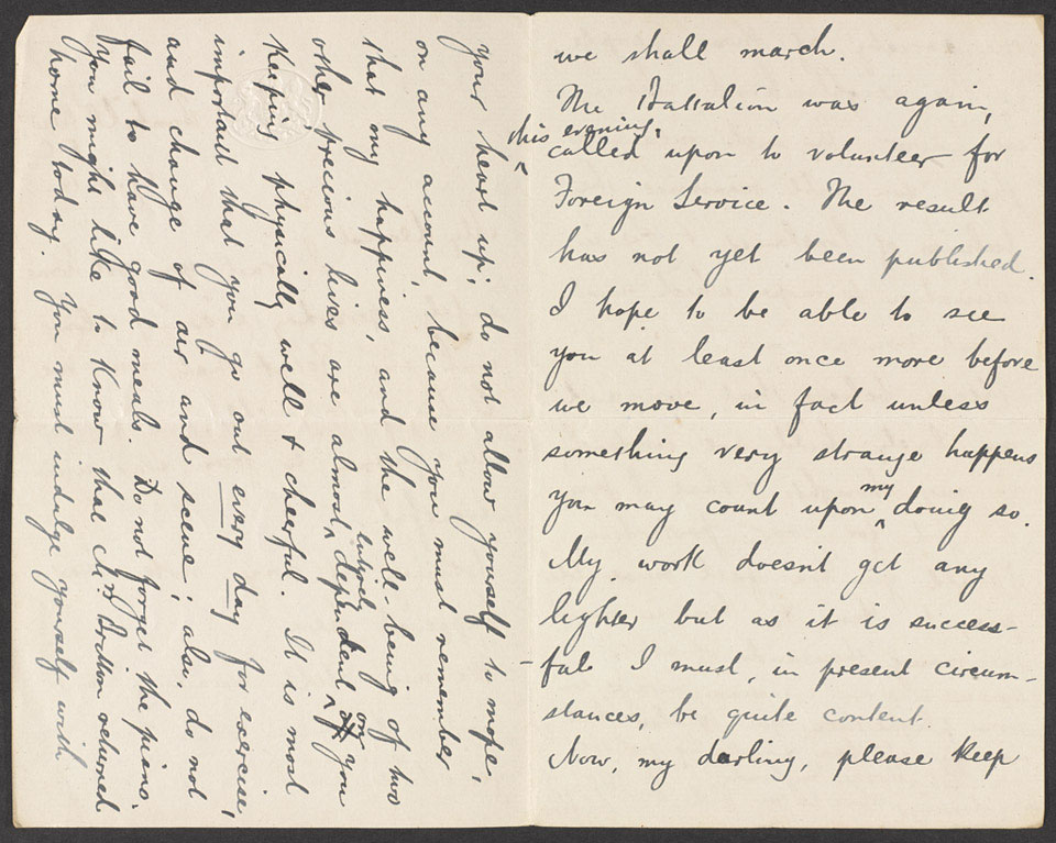 Letter from Regimental Sergeant Major Arthur Harrington DCM, 5th Battalion, The London Regiment, to his wife, 17 August 1914