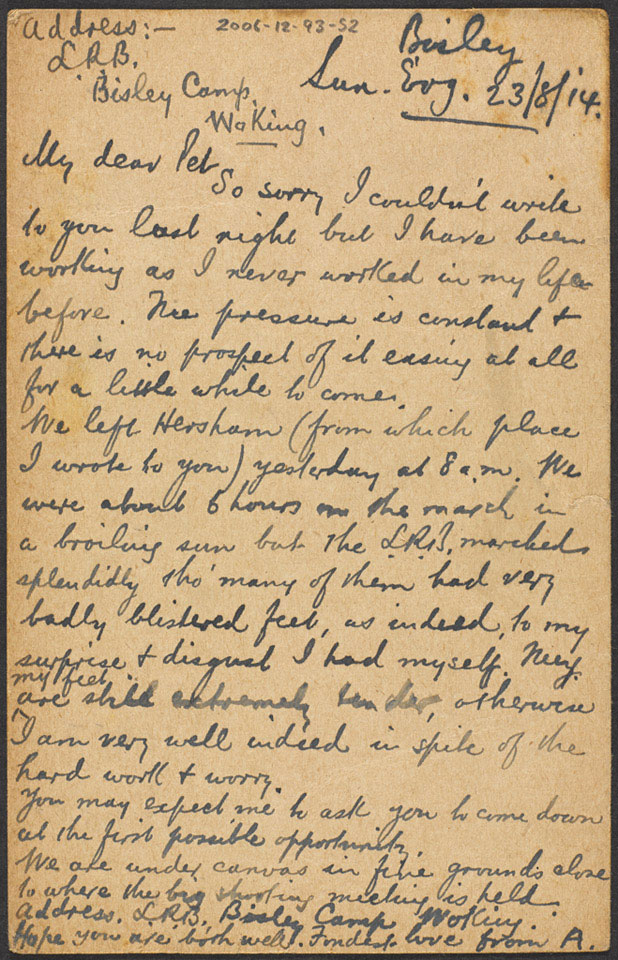 Letter from Regimental Sergeant Major Arthur Harrington DCM, 5th Battalion, The London Regiment, to his wife, 23 August 1914