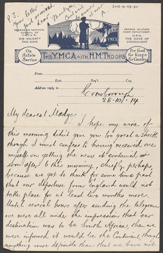 Letter from Regimental Sergeant Major Arthur Harrington, 5th Battalion, The London Regiment, to his wife, 28 October 1914