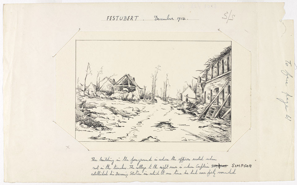 Bombed houses and trees, Festubert, 1914