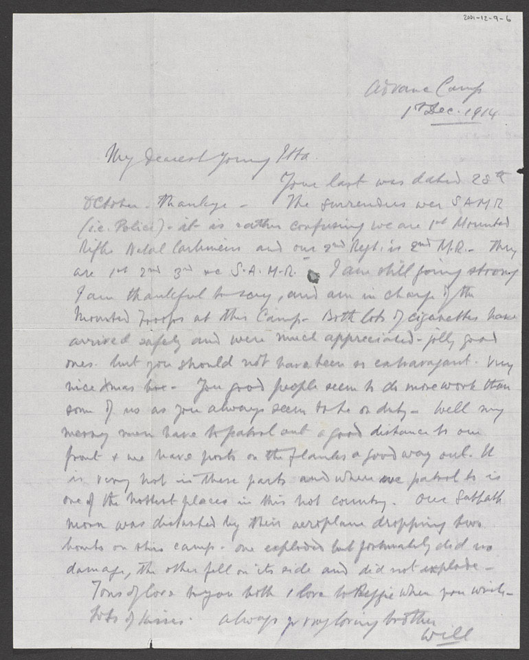 Letter from Major John Montgomery, 1st Mounted Rifles (1st Natal Carbineers), to his sister, 1 December 1914
