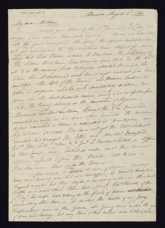 Letter from Lieutenant William Staveley to his mother, 2 August 1812