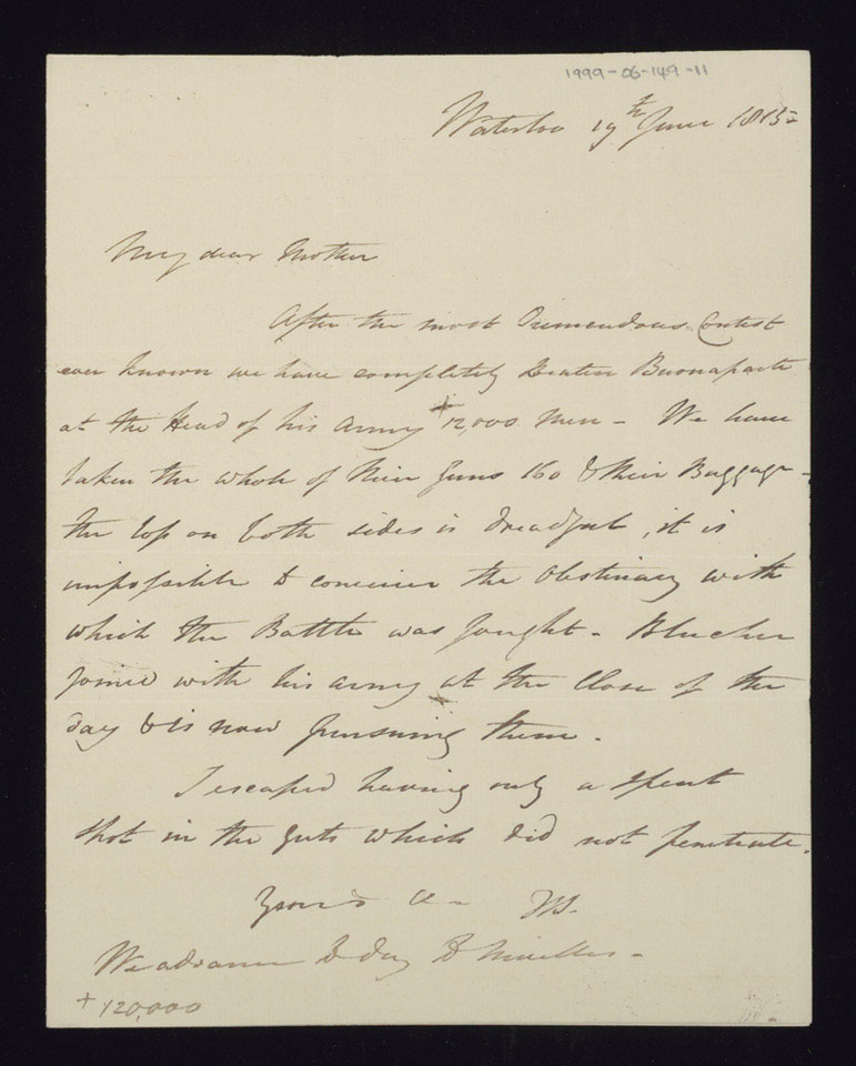 Letter from Lieutenant William Staveley to his mother, 19 June 1815