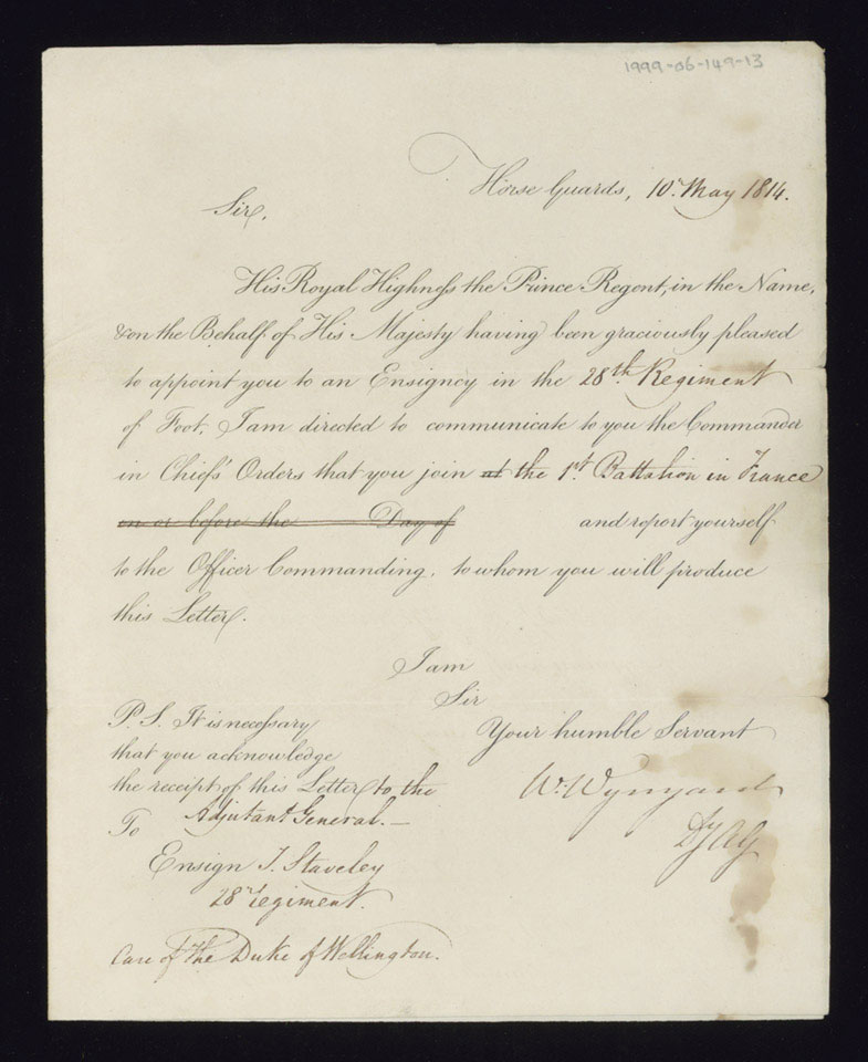 Printed letter completed in manuscript from Horse Guards, 10 May 1814