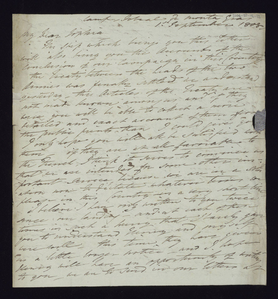 Letter from Captain William Maynard Gomm, 9th Regiment to his sister Sophia, 1 September 1808
