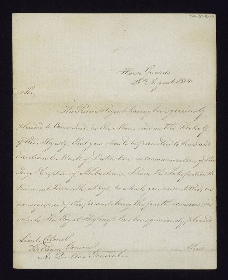 Notification from Horse Guards, 20 August 1814