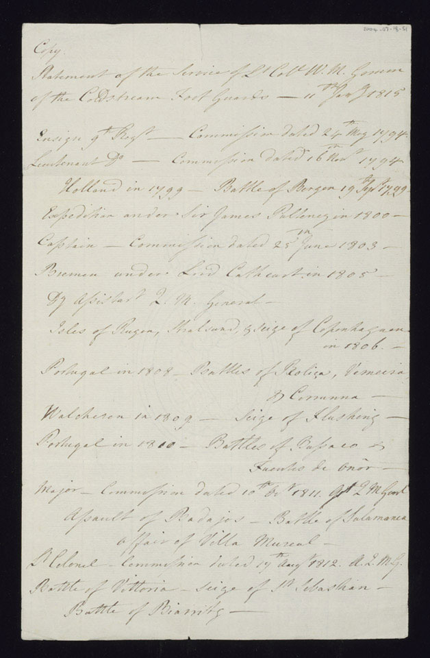 Statement of service of Lieutenant-Colonel William Gomm, Coldstream Guards, 11 January 1815