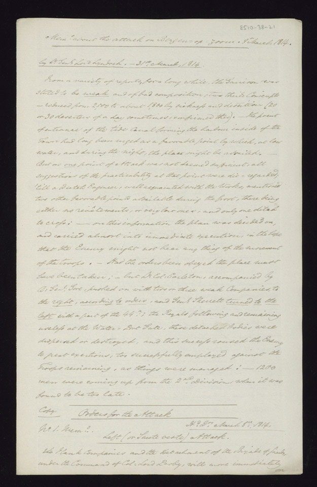 Memo about the attack on Bergen-op-Zoom, 8 March 1814, by General Thomas Graham