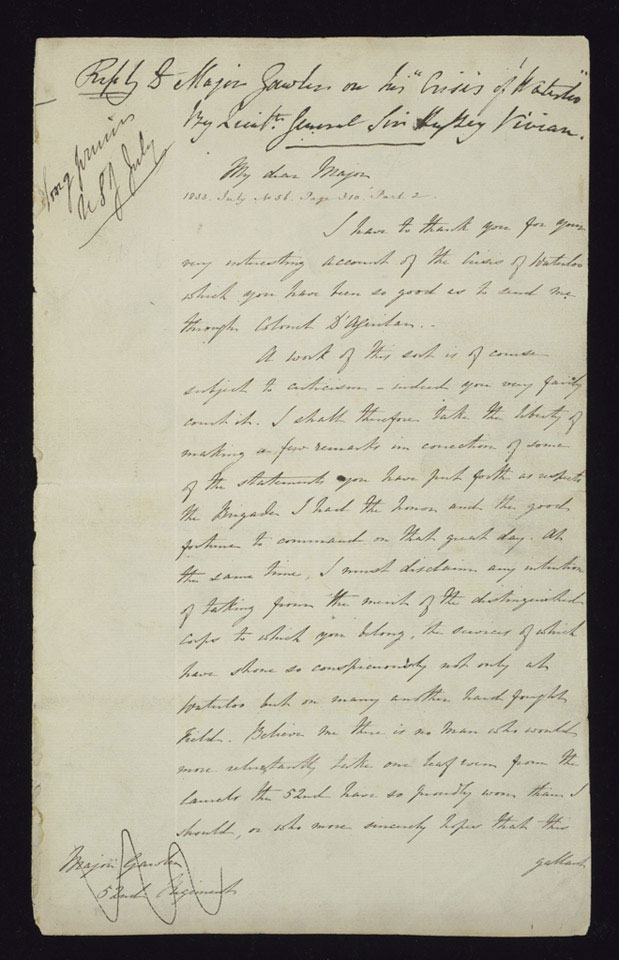 Handwritten notes from 'Reply to Major Gawler on his 'Crisis at Waterloo' by Lieutenant General Sir Richard Hussey Vivian