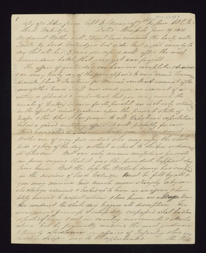 Letter from Captain Thomas Wildman, 7th (Queen's Own) Light Dragoons, Brussels, 19 June 1815