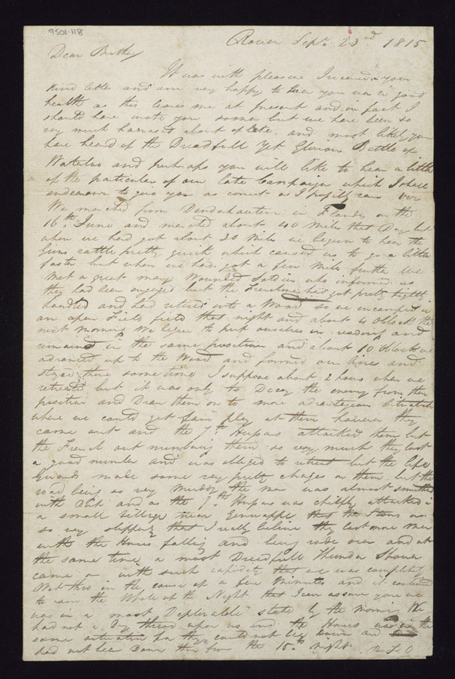 Letter from Private Samuel Boulter to his brother describing the Battle of Waterloo, 23 September 1815