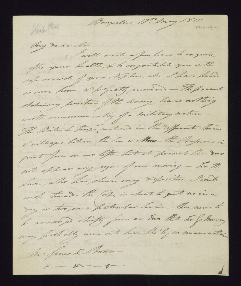 Letter from Lieutenant-Colonel W Nicolay, Royal Staff Corps, to Major-General John Brown, 17 May 1815