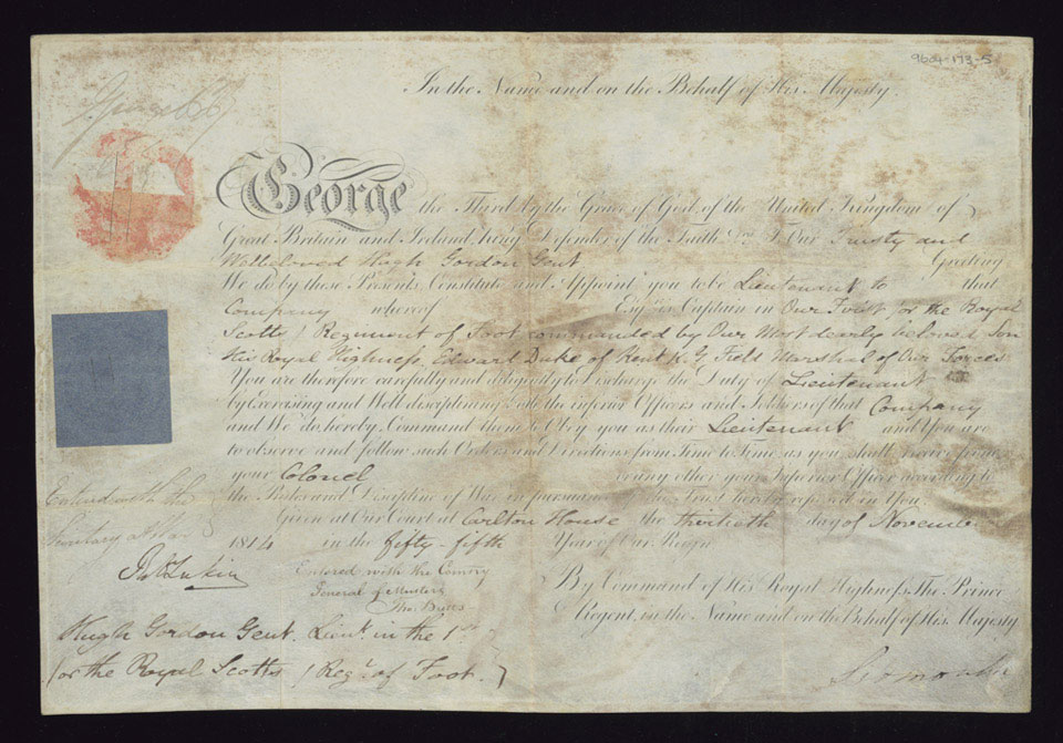 Commission to be Lieutenant, 1st (Royal) Regiment of Foot, 30 November 1814