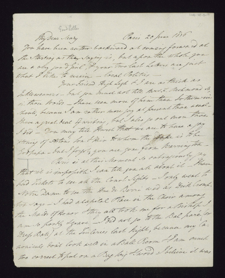 Letter from Reverend Samuel Briscoe from Paris to his sister Mary Briscoe in Stockport, 20 June 1816