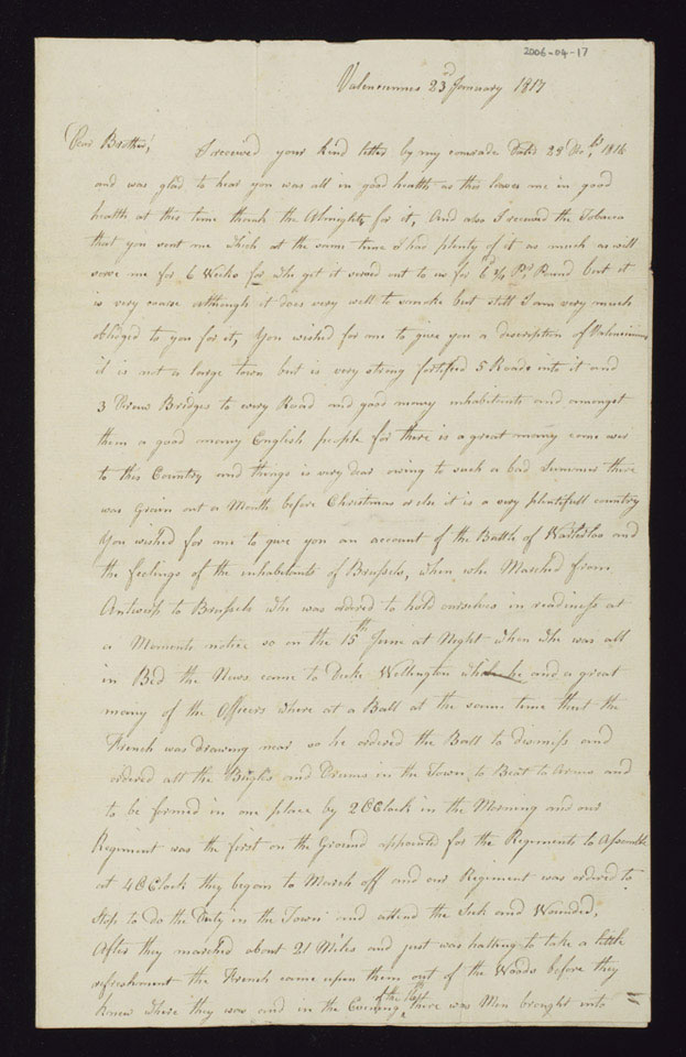 Letter from Joseph Willcox, 1st Battalion, 81st Regiment of Foot, to his brother, 23 January 1817