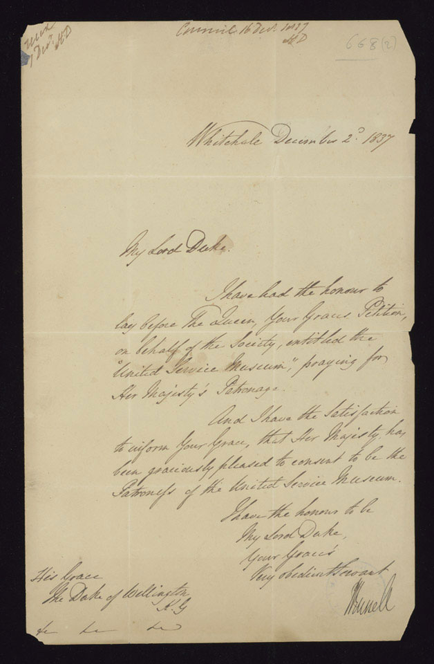 Letter from the Duke of Wellington to the Secretary, Royal United Services Institute, 6 December 1837