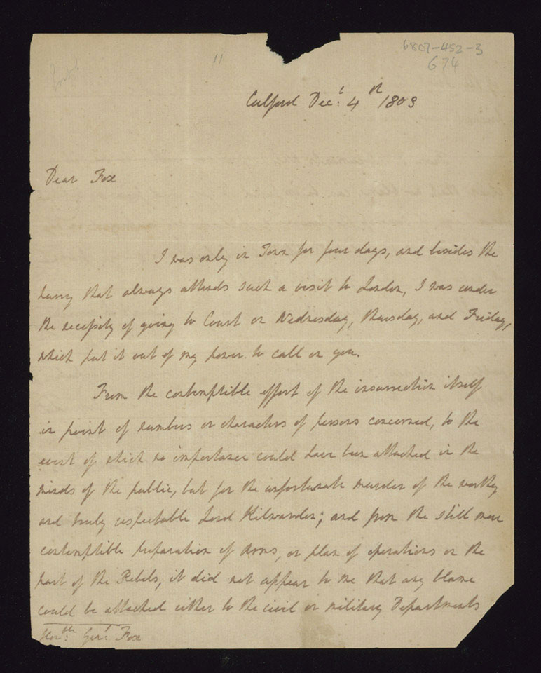 Letter from Lord Cornwallis to Major General Henry Fox, 4 December 1803