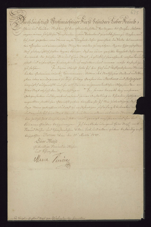 A diplomatic document signed by the Hapsburg Empress Maria Theresa, 10 March 1770