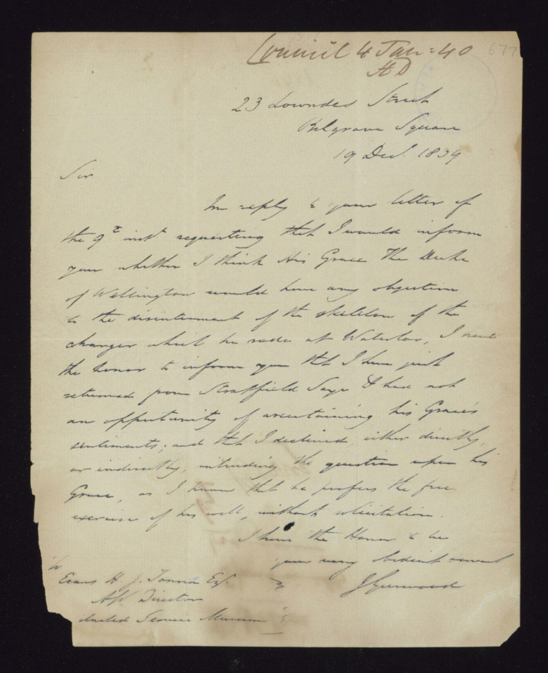 Letter from Colonel J Gurwood, to the Royal United Services Council, 19 December 1839
