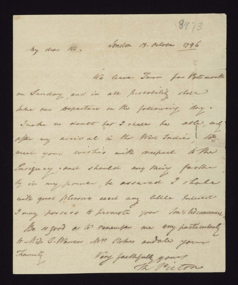 Letter from Lieutenant-Colonel Thomas Picton to J R Stokes, 13 October 1796