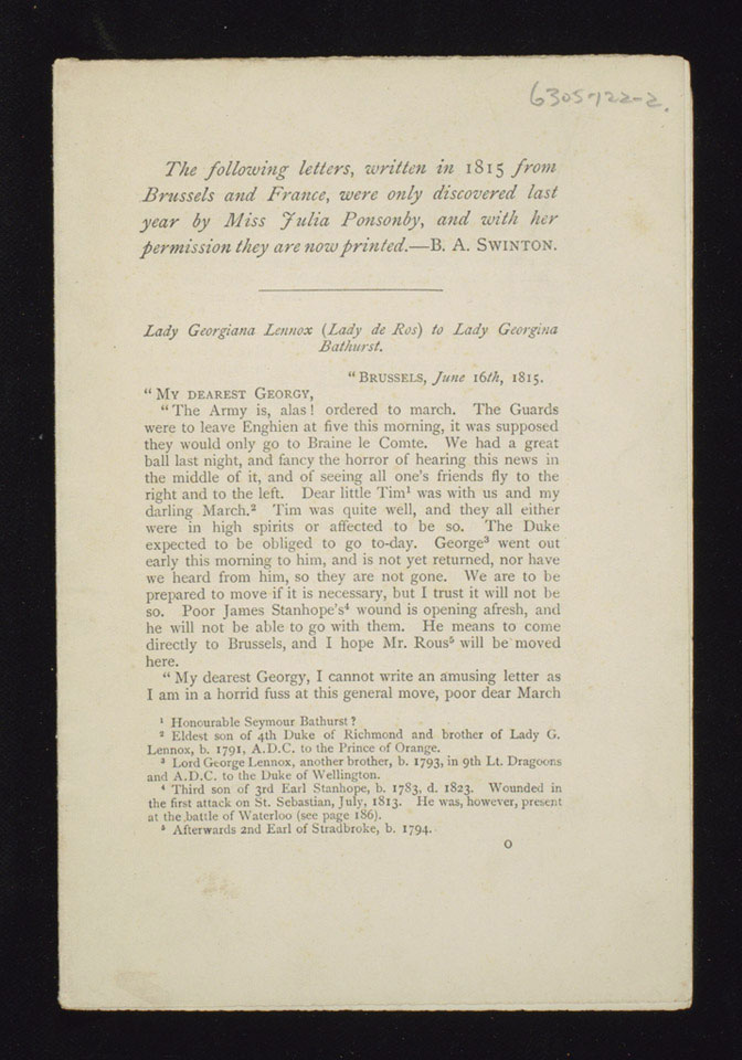 Printed copies of the letters of Lady Georgiana Lennox from the Waterloo campaign, 1815