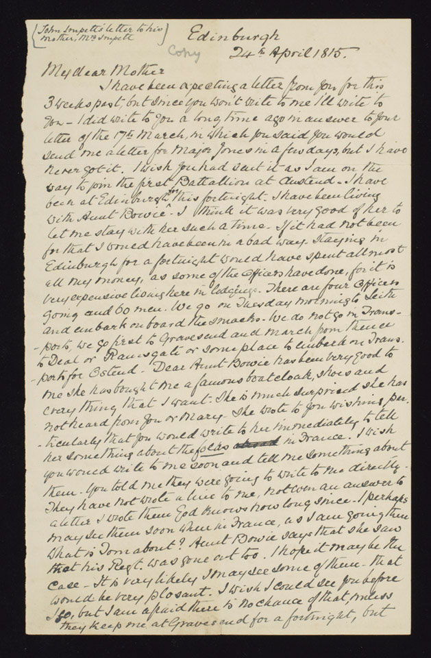 Letter from Ensign John Impett to his mother, 24 April 1815
