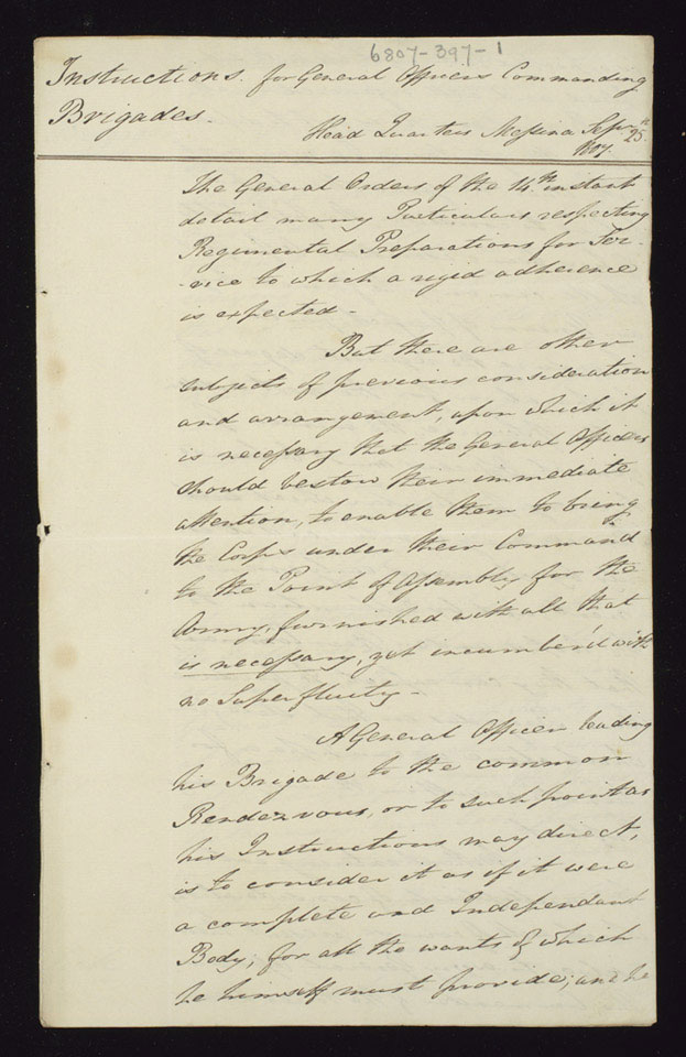 Document written by General Sir Galbraith Lowry Cole while headquartered at Messina, 25 September 1807