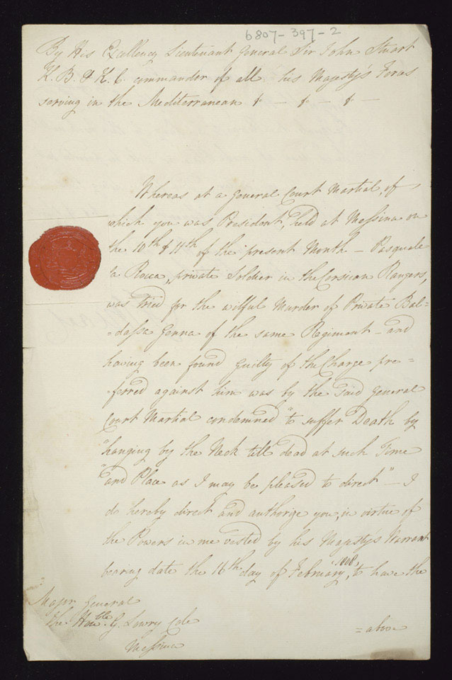 Manuscript document ordering the execution of Private Pasquale la Rocca, 20 March 1809