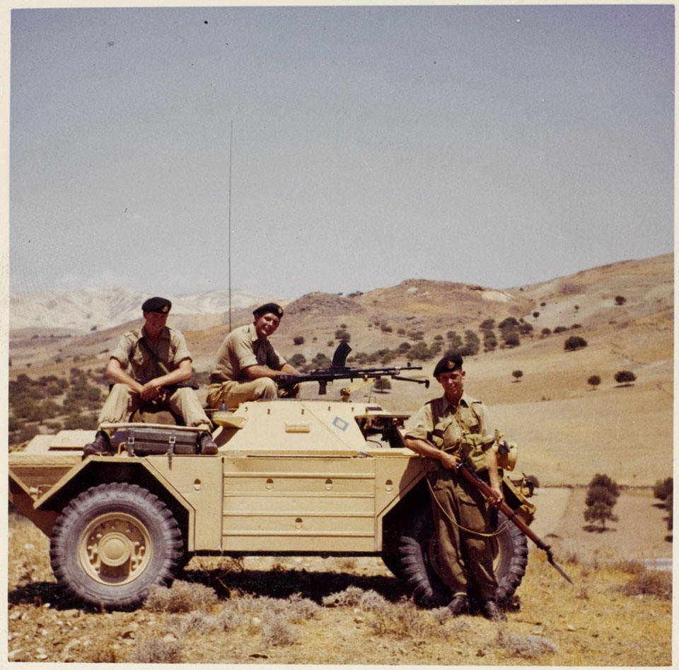 Soldiers of 1st Battalion, The Middlesex Regiment (Duke of Cambridge's Own), with a Mk I Ferret Scout Car in the Troodos mountains, 1957