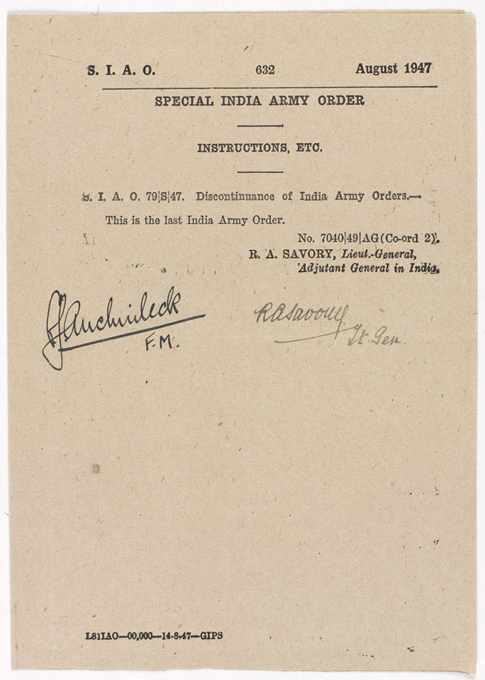 Copy of the Last India Army Order, printed at New Delhi on 14 August 1947
