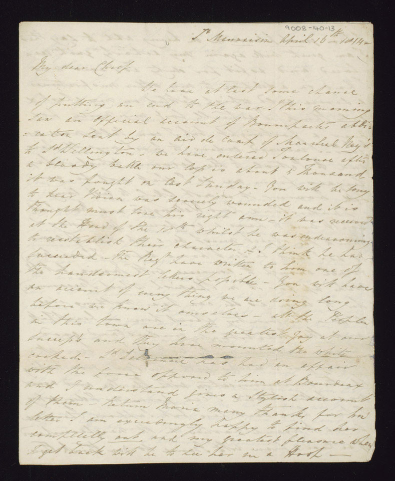 Letter from Lieutenant Standish O'Grady to his father the 1st Viscount Guillamore, 16 April 1814