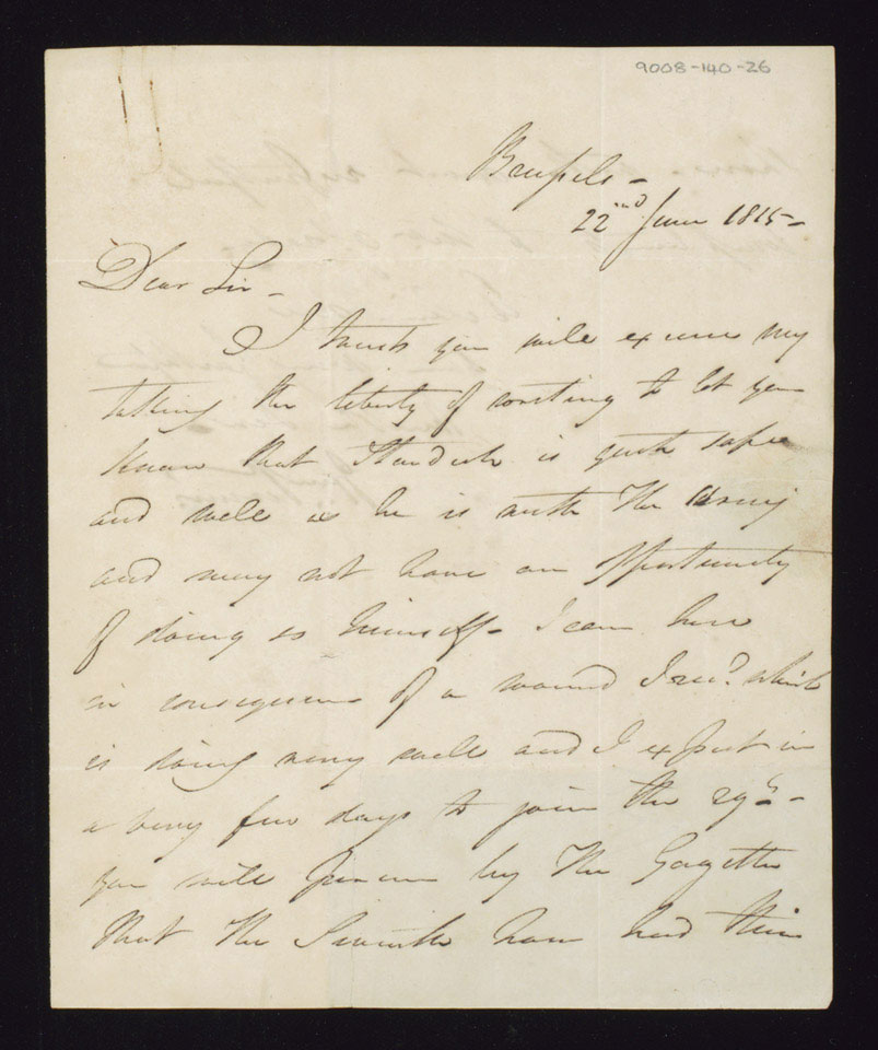 Letter from 'Verner' (probably Captain William Verner) to the 1st Viscount Guillamore, 22 June 1815