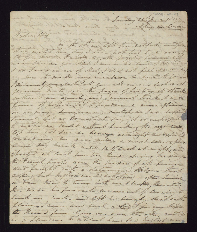 Letter from Lieutenant Standish O'Grady to his father the 1st Viscount Guillamore, 25 June 1815