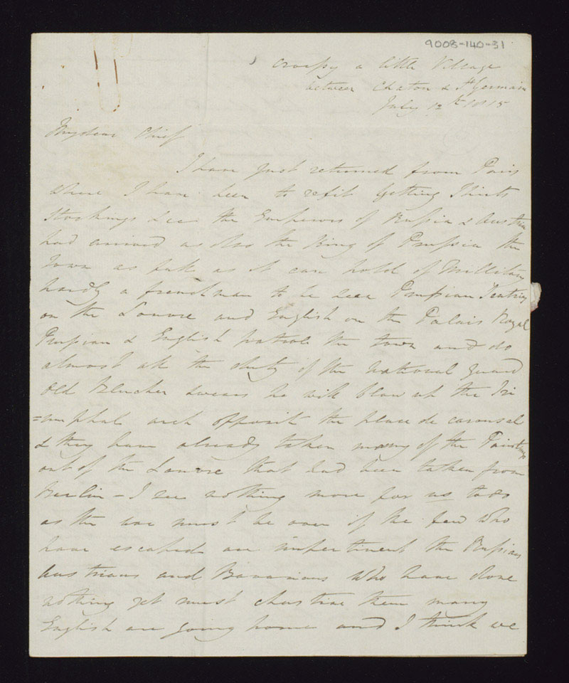 Letter from Lieutenant Standish O'Grady to his father the 1st Viscount Guillamore, 12 July 1815