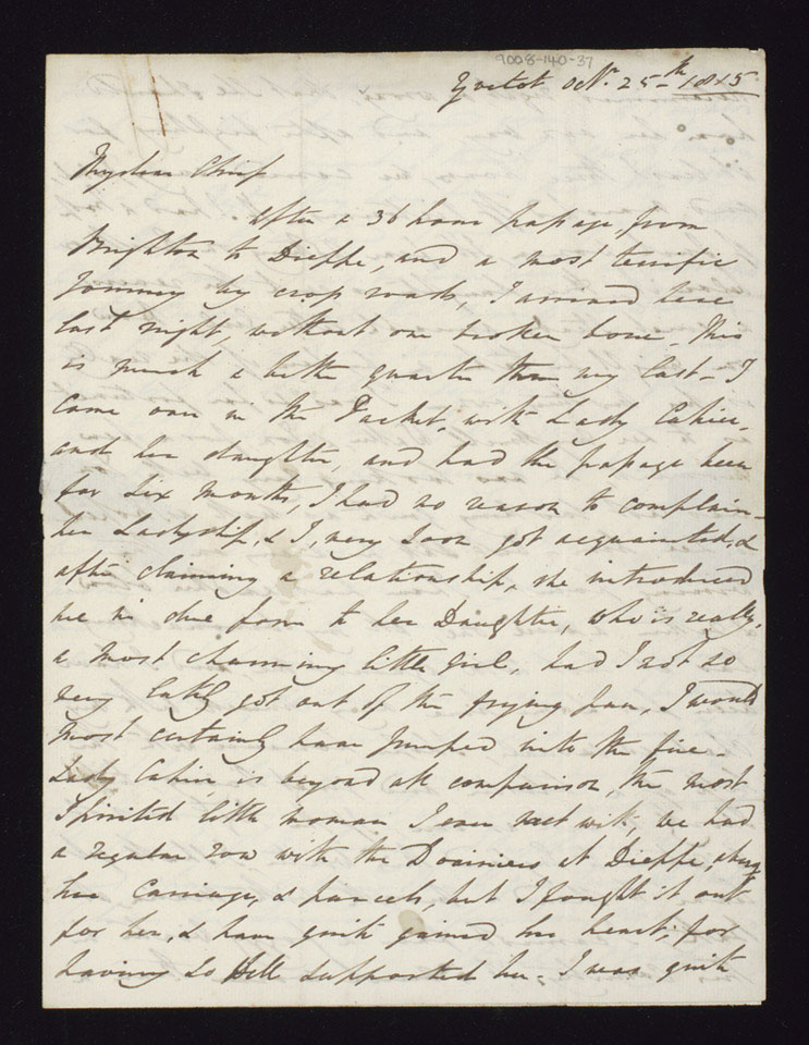 Letter from Captain Standish O'Grady to his father the 1st Viscount Guillamore, 25 October 1815