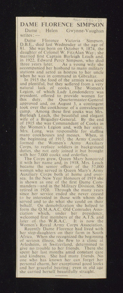 Obituary notice of Dame Florence Simpson, 1956