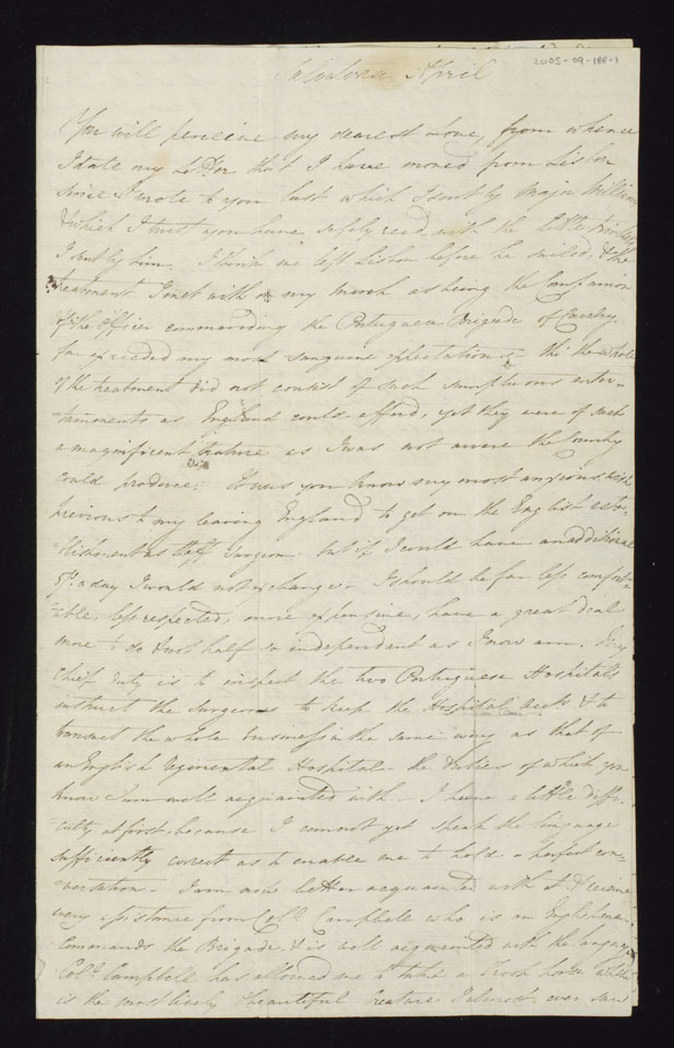 Letter from Staff Surgeon George Morse, Army Medical Service, to his wife in Portsmouth, April 18[09?]