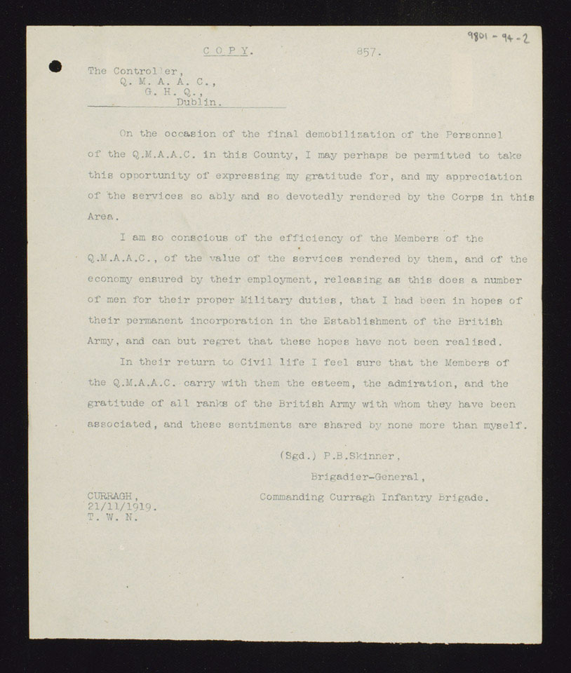 Letters from Lieutenant General F Shaw and Brigadier P B Skinner to Mrs Lace-Pritchard, 21 November 1919